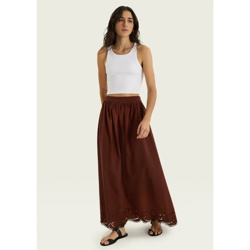 Saia Midi Evasê Com Bordado - Marrom 042