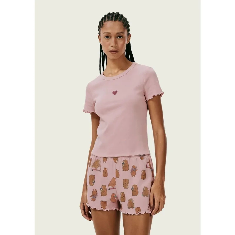 Pijama Curto Feminino Estampado Com Frufru - Rosa XP