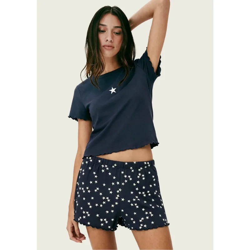 Pijama Curto Feminino Estampado Com Frufru - Azul XP