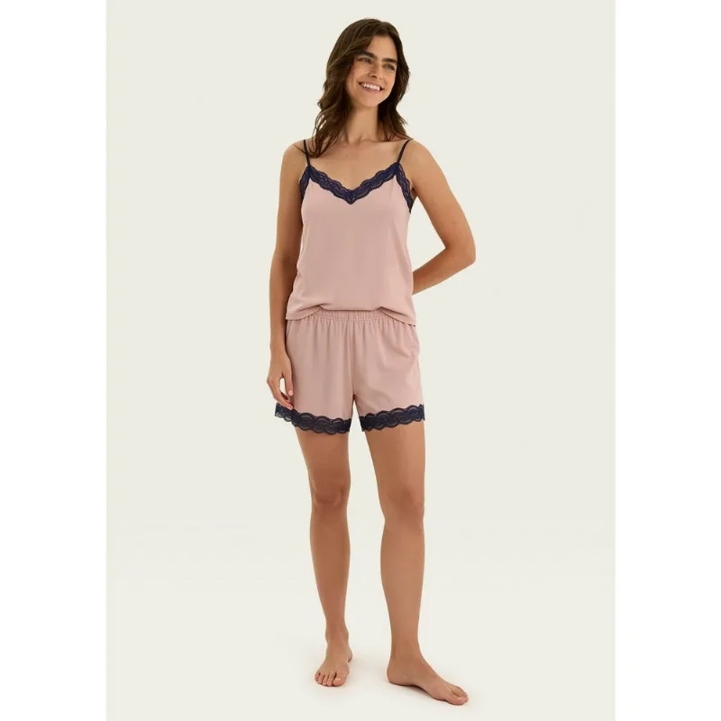 Pijama Curto Feminino Em Viscose Com Renda - Rosa XP