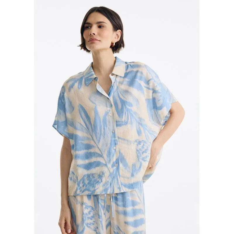 Camisa Feminina Estampada Manga Curta Em Crinkle - Off white M