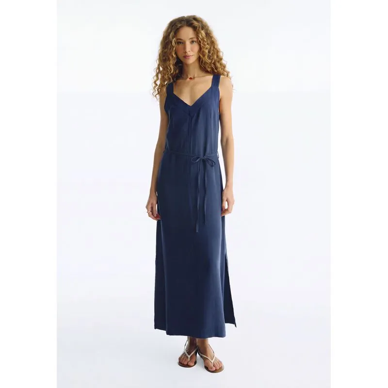 Vestido Midi Em Viscose Com Amarração - Azul M