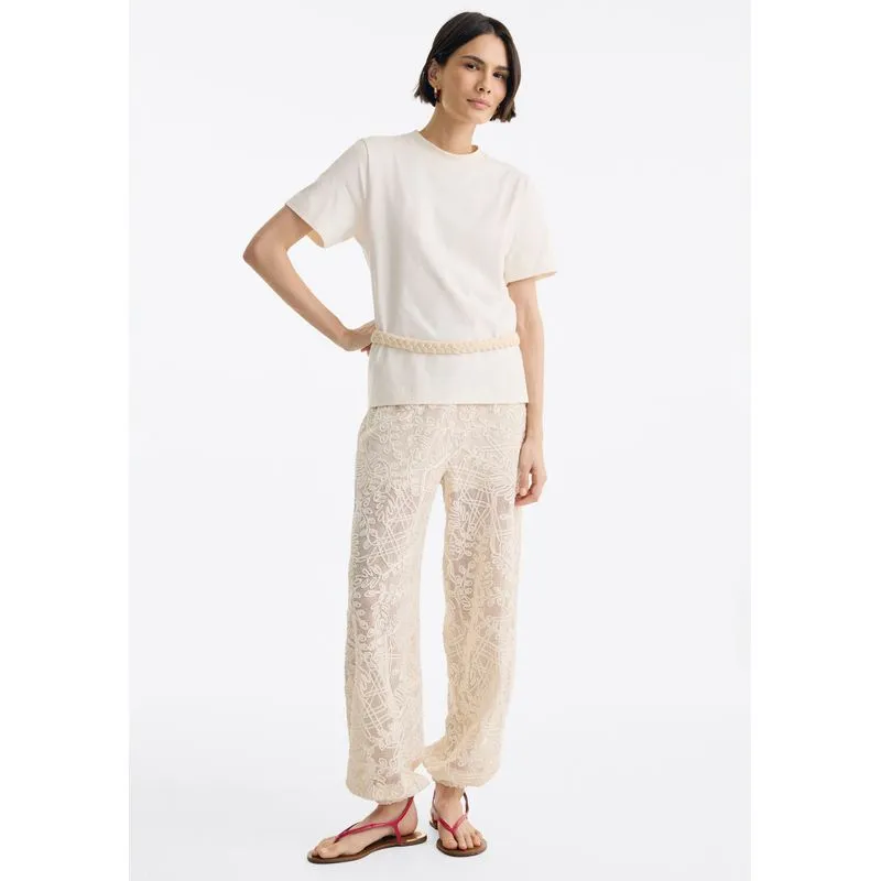 Calça Feminina Slouchy Em Tecido Bordado - Off white XP