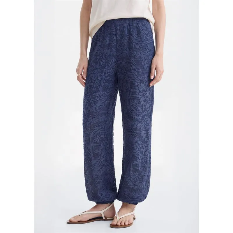 Calça Feminina Slouchy Em Tecido Bordado - Azul P