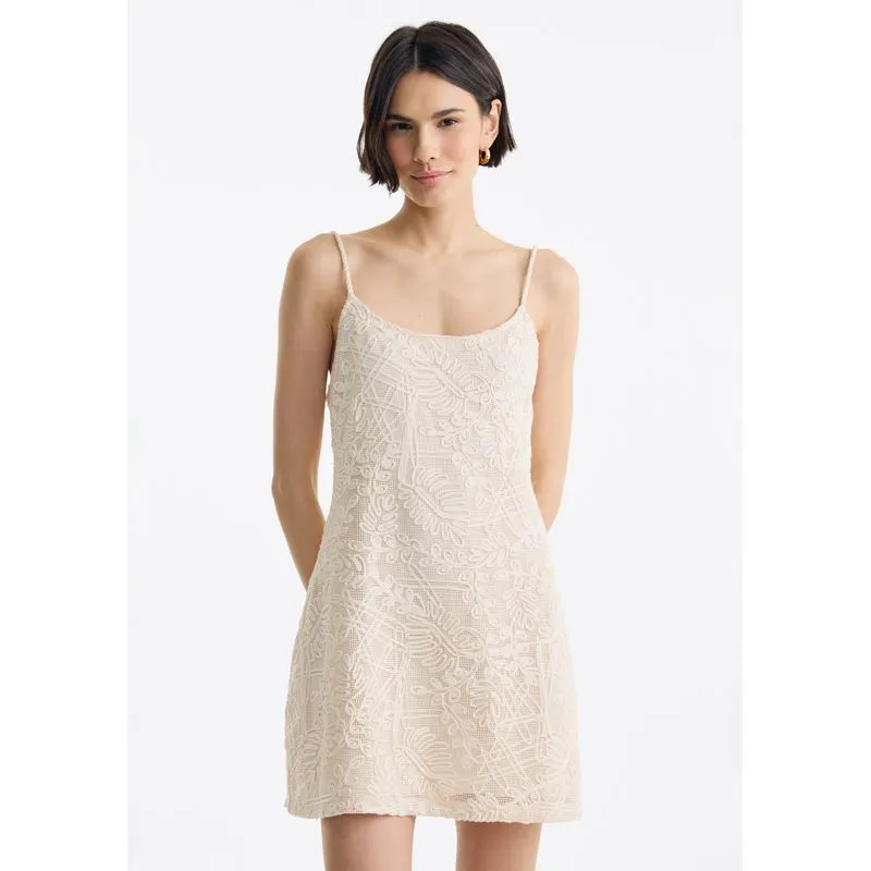 Vestido Curto Em Tecido Bordado - Off white P
