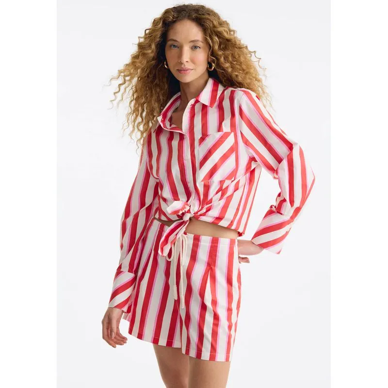 Camisa Feminina Manga Longa Listrada Em Tricoline - Vermelho XG