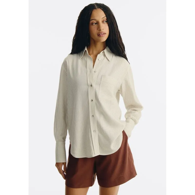 Camisa Feminina Manga Longa Listrada Em Linho - Caqui XG