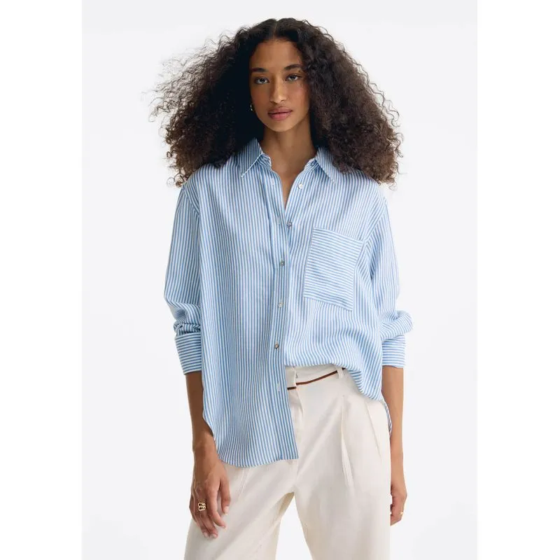 Camisa Feminina Manga Longa Listrada Em Linho - Azul P