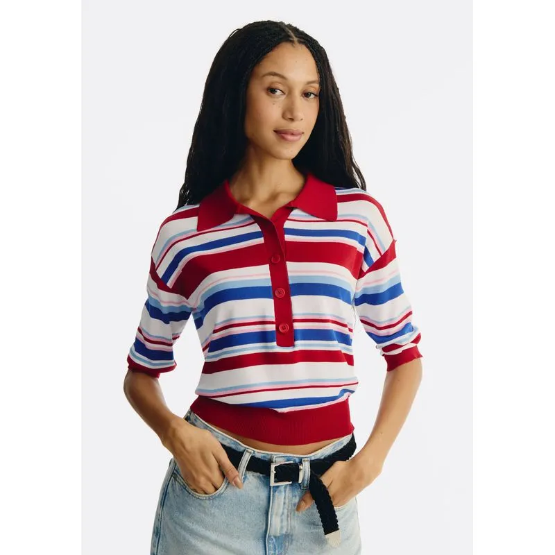 Polo Feminina Manga Curta Listrada Em Tricô - Vermelho P