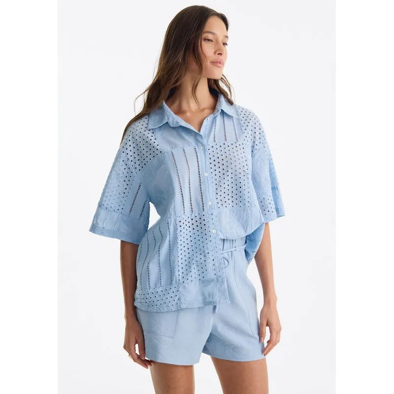 Camisa Feminina Manga Curta Em Laise - Azul P