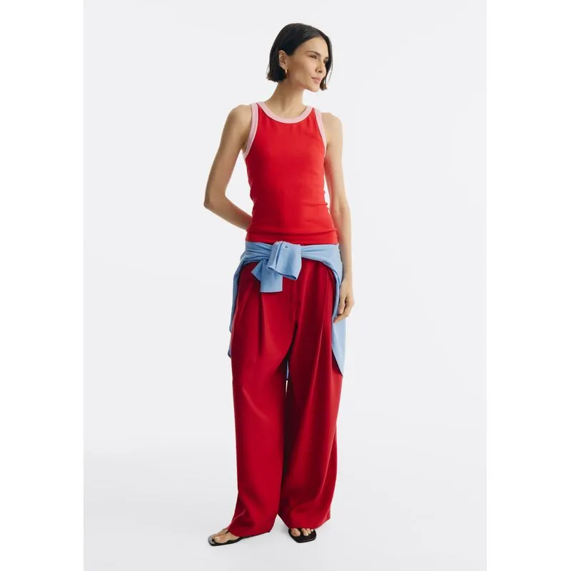 Calça Feminina Wide Leg Em Alfaiataria Cintura Alta - Vermelho 046