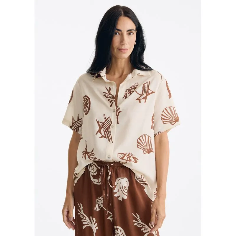 Camisa Feminina Estampada Manga Curta Em Voil - Off white XG