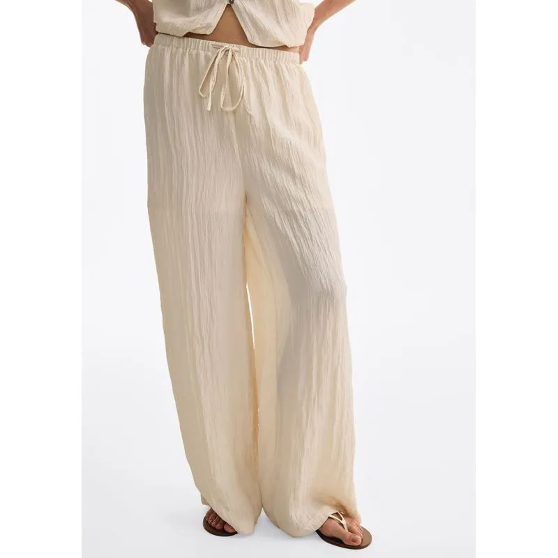 Calça Feminina Reta Em Crinckle Com Amarração - Creme P