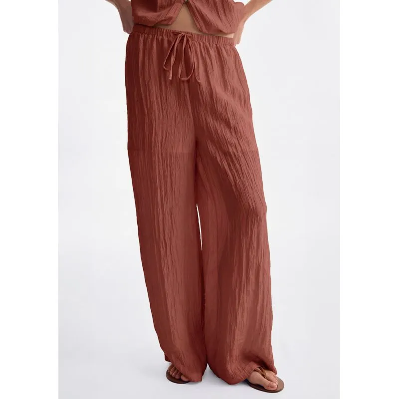 Calça Feminina Reta Em Crinckle Com Amarração - Marrom XG