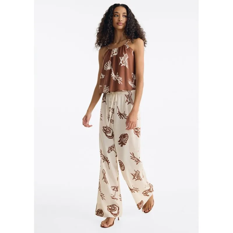 Calça Feminina Estampada Cintura Alta Em Voil - Off white XG
