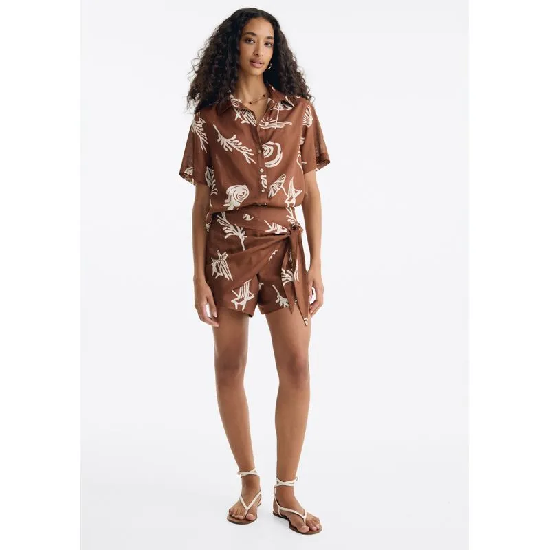 Shorts Saia Estampado Em Voil Com Amarração - Marrom 034