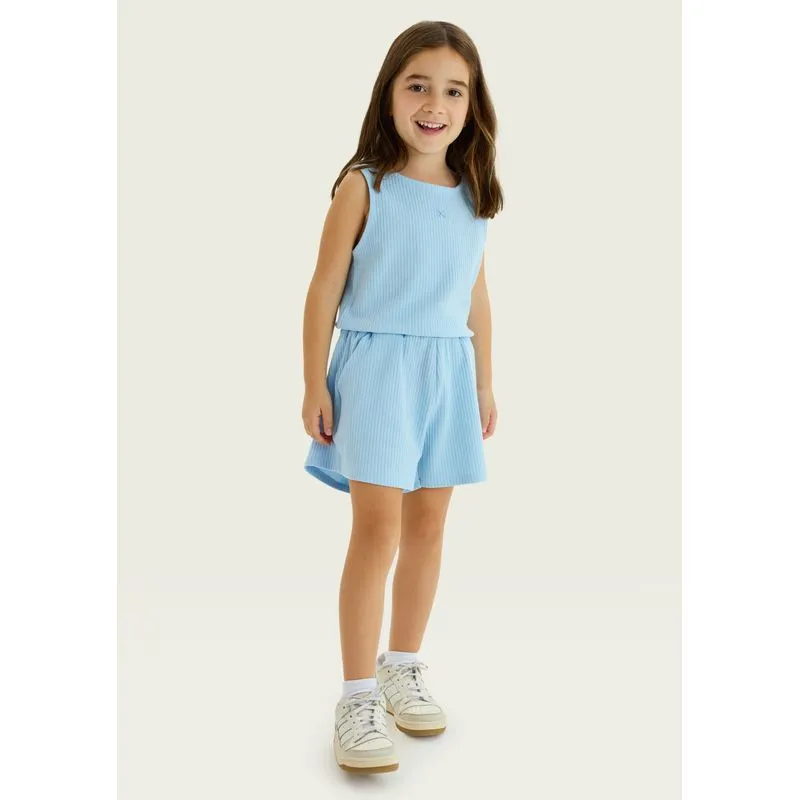 Conjunto Curto Infantil Menina Em Ribana Canelada - Azul 002