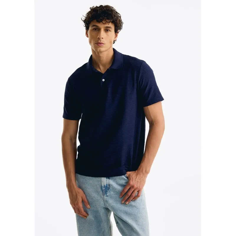 Polo Masculina Manga Curta Texturizada - Azul XG