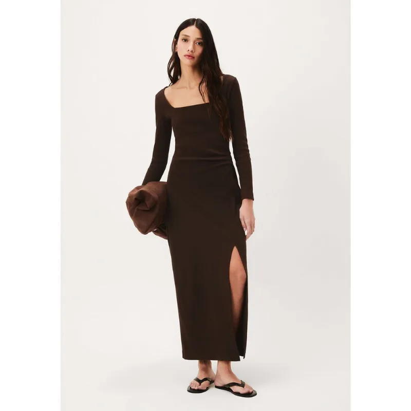 Vestido Midi Manga Longa Drapeado Em Malha Premium - Marrom XG