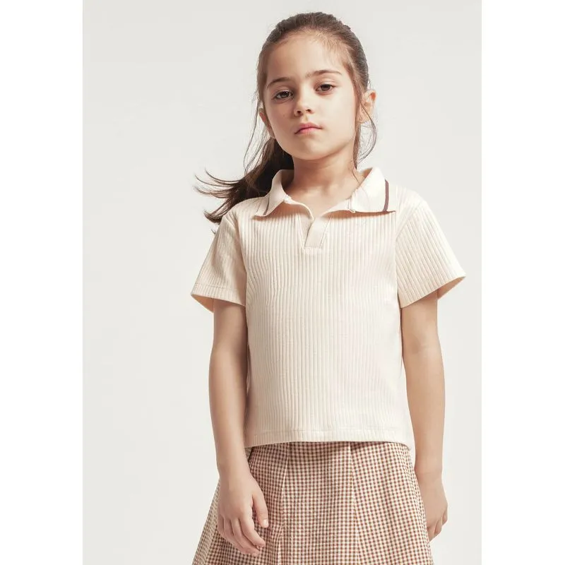 Polo Infantil Menina Em Ribana Canelada - Creme 014