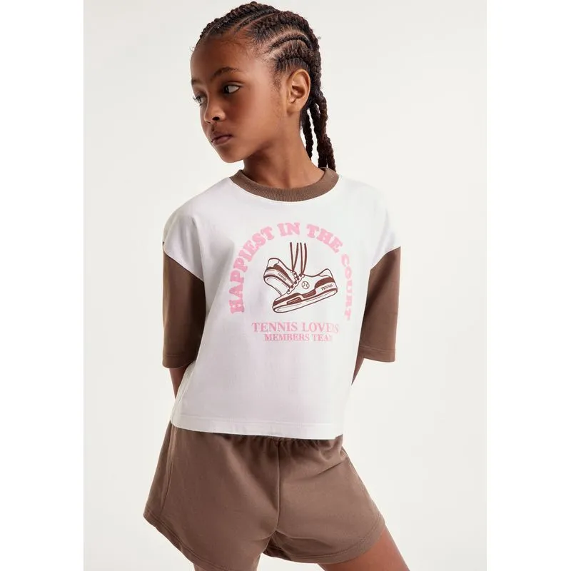 Conjunto Curto Em Moletom Infantil Menina Com Estampa - Marrom 016