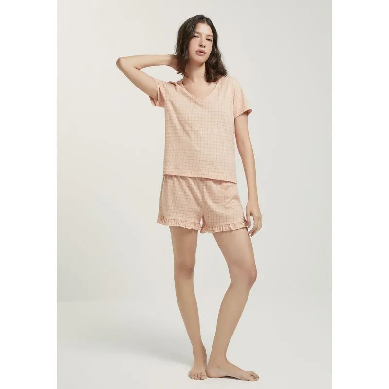 Pijama Curto Feminino Estampado Decote V - Rosa G