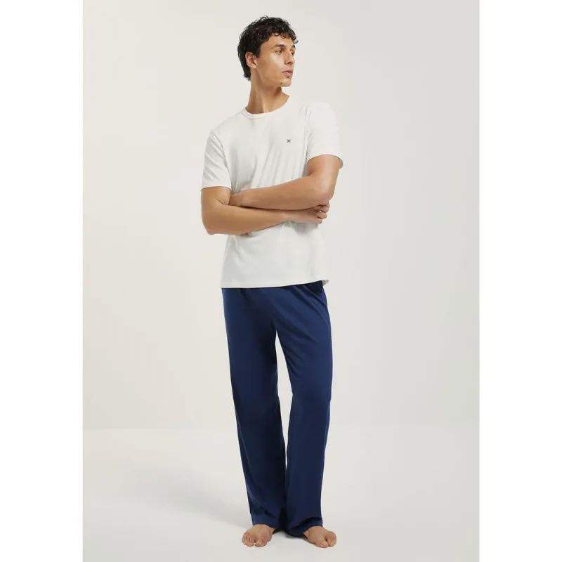 Pijama Longo Masculino Manga Curta Com Bordado - Azul XG
