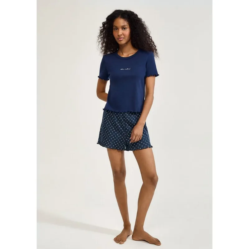 Pijama Curto Feminino Estampado Com Frufru - Azul XP