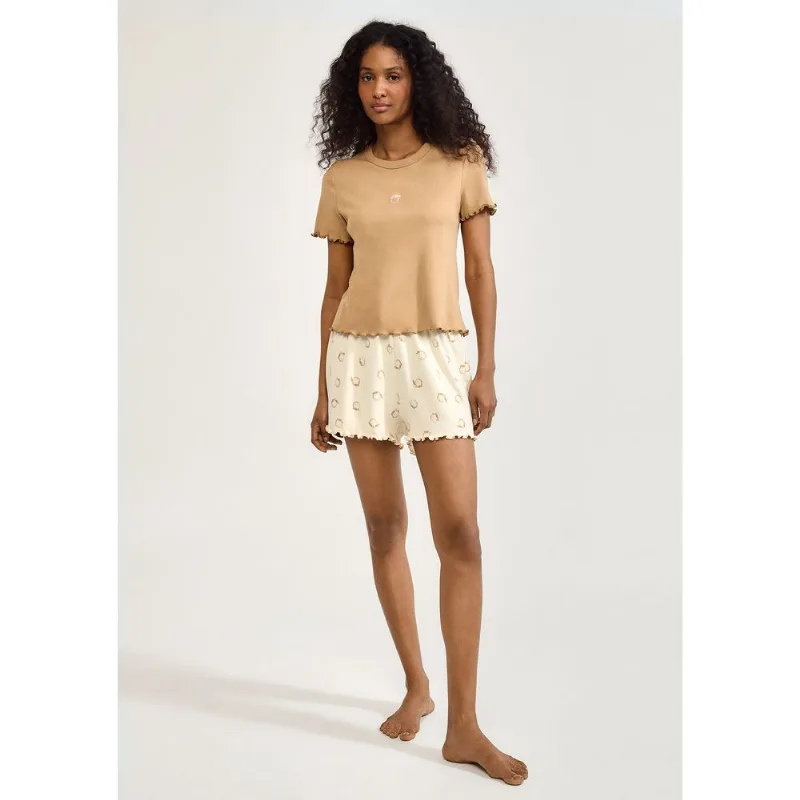 Pijama Curto Feminino Estampado Com Frufru - Bege M