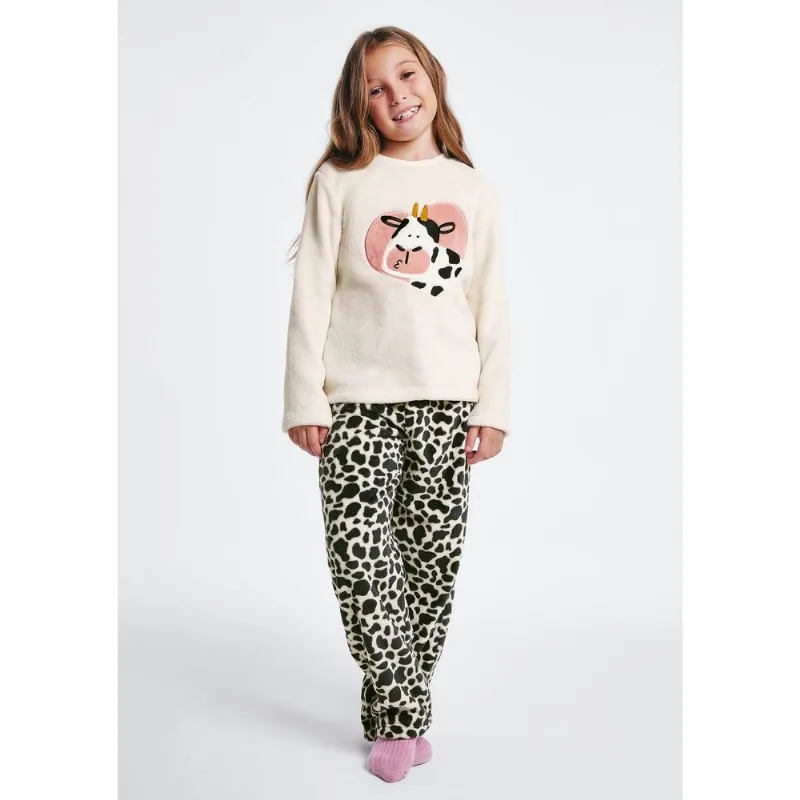 Pijama Infantil Menina Longo Estampado Em Fleece - Off white 008