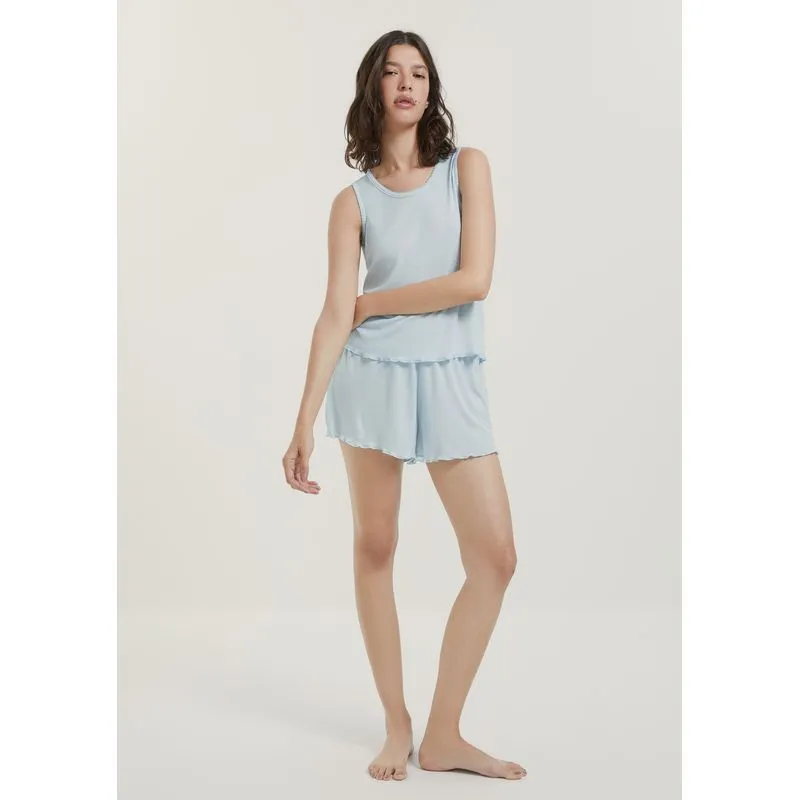Pijama Curto Feminino Em Ribana - Azul XG