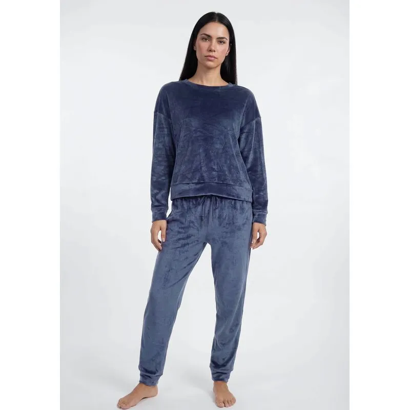 Pijama Longo Feminino Em Plush - Azul M