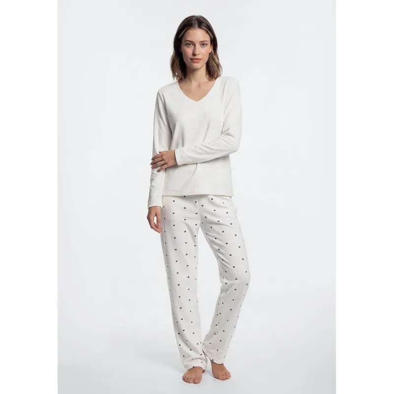 Pijama Longo Feminino Estampado Em Plush - Off white M