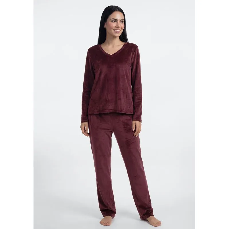 Pijama Longo Feminino Estampado Em Plush - Vermelho XG