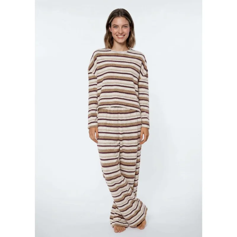 Pijama Feminino Longo Em Tricô Estampado Em Fio Tinto - Vinho P