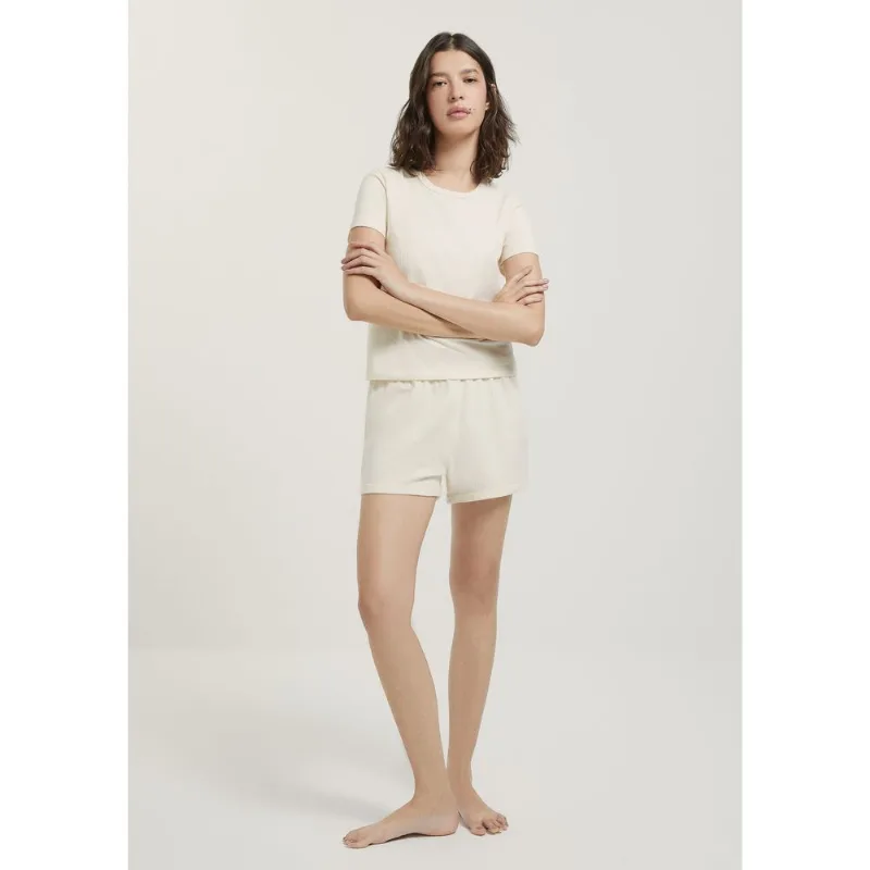 Pijama Curto Feminino Em Ribana Canelada - Creme M