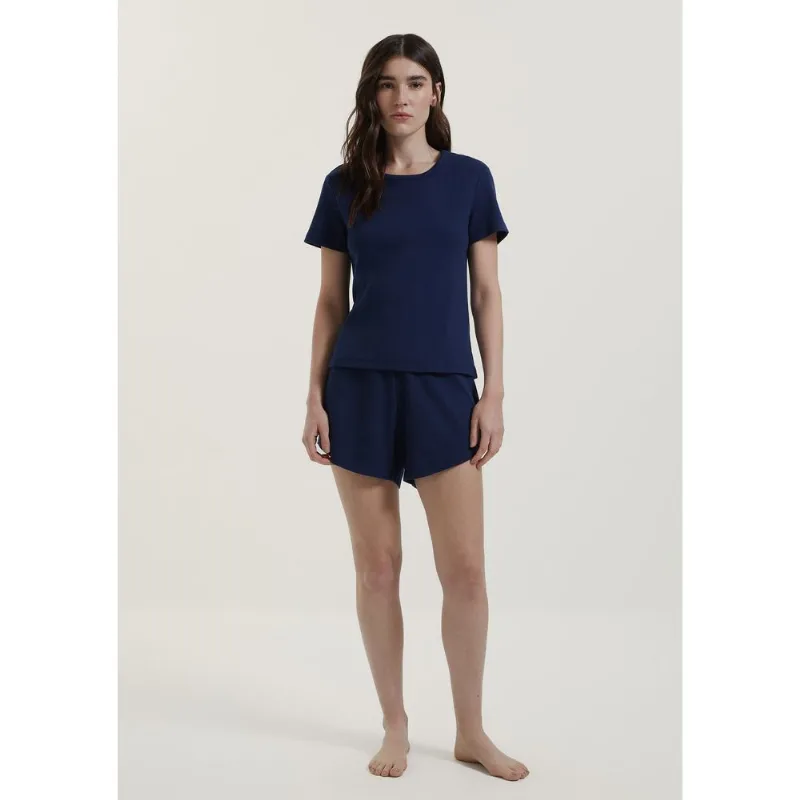 Pijama Curto Feminino Em Ribana Canelada - Azul M