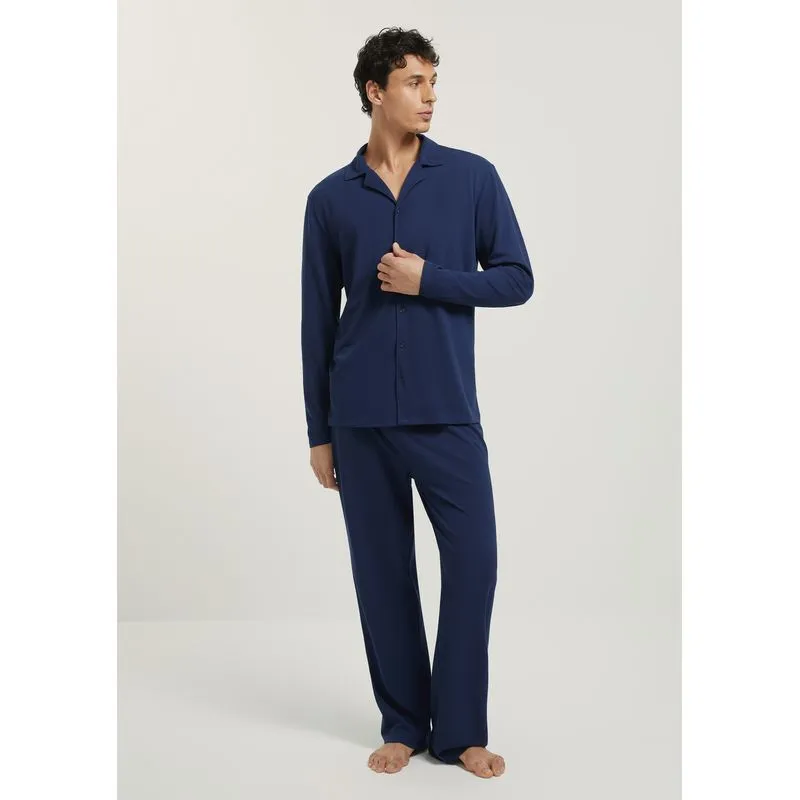 Pijama Longo Masculino Americano Em Malha Piquet - Azul XXG