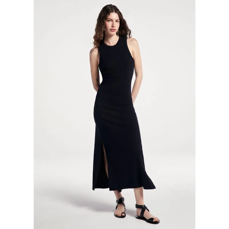 Vestido Midi Em Ribana Canelada Com Fenda - Preto M