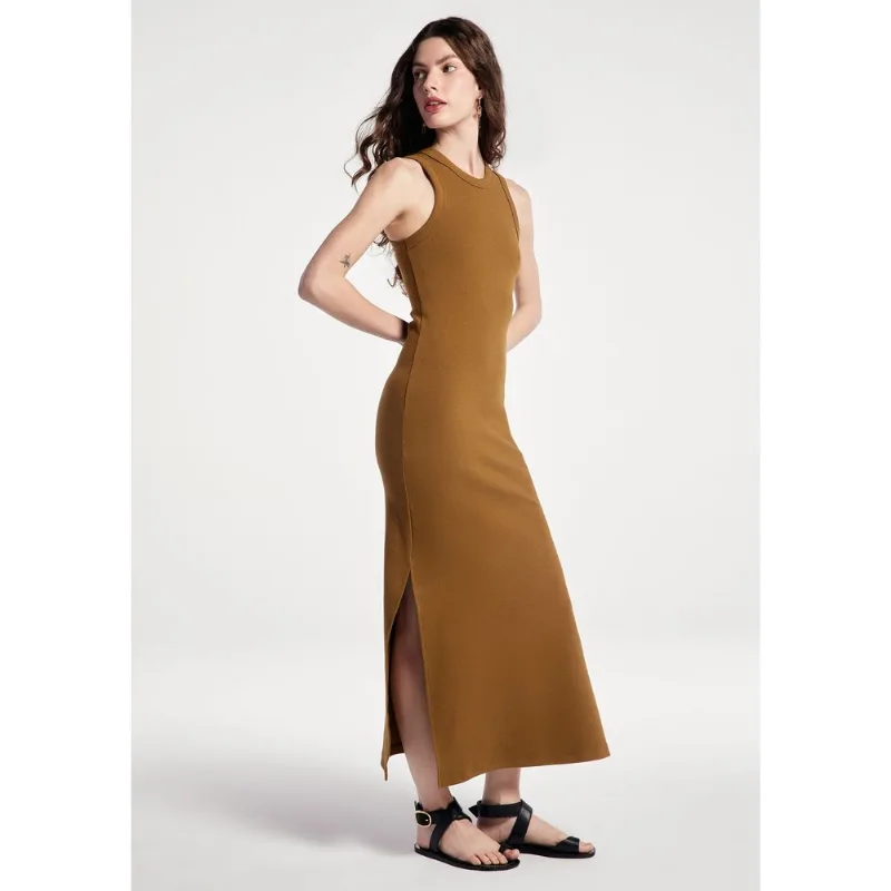 Vestido Midi Em Ribana Canelada Com Fenda - Bege M