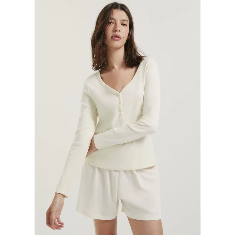 Pijama Feminino Manga Longa Em Malha Premium - Creme XG