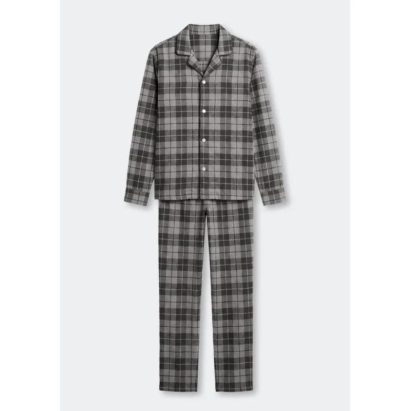 Pijama Longo Masculino Em Flanela Xadrez - Cinza M