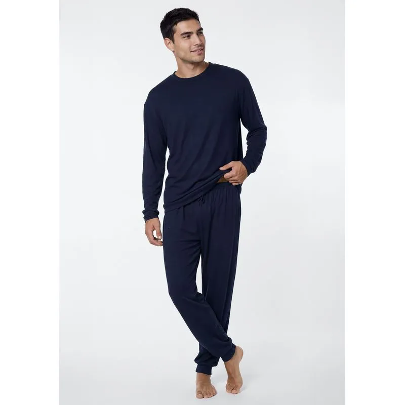 Pijama Longo Masculino Em Tricô Leve - Azul M