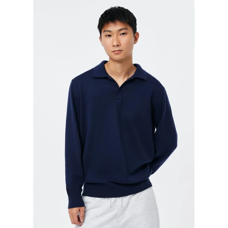 Polo Masculina Em Tricô Fio Tinto - Azul M