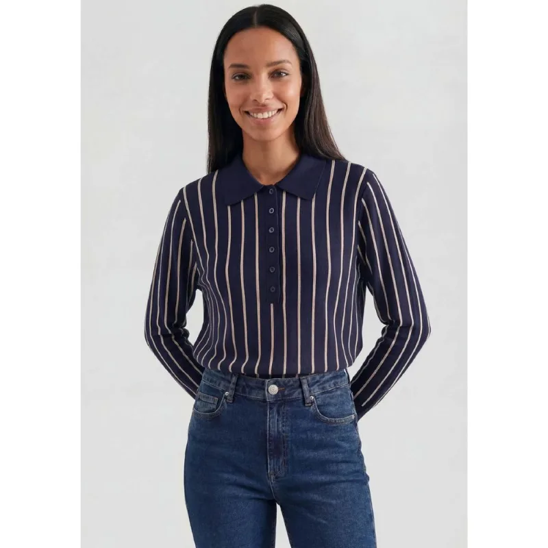 Polo Feminina Em Tricô Fio Tinto Listrado - Azul G