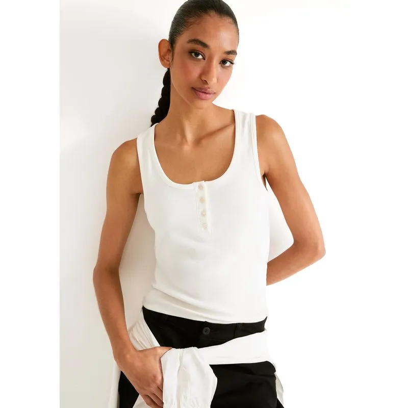Regata Feminina Canelada Com Botões - Off white XG
