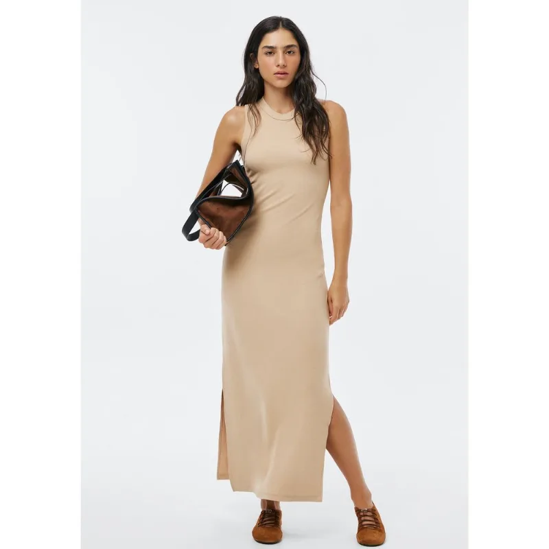 Vestido Midi Em Ribana Canelada Com Fenda - Bege M