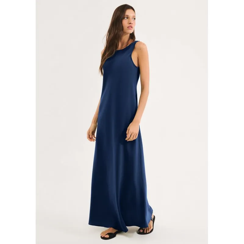 Vestido Longo Decote Costas U Aveludado - Azul XG