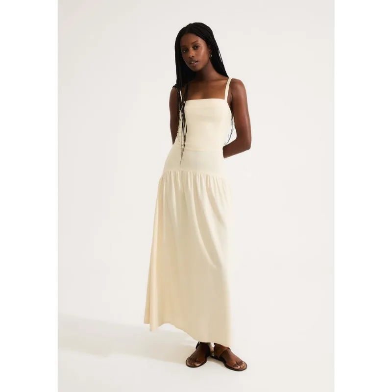 Vestido Midi Franzido Em Linho - Creme P