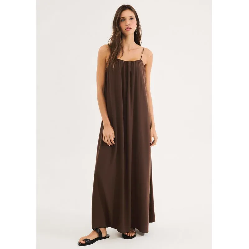Vestido Midi Evasê Em Tecido Creponado - Marrom P